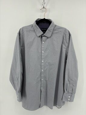 Robert Graham Men's Blue White Patterned Button-Down Dress Shirt Stretch